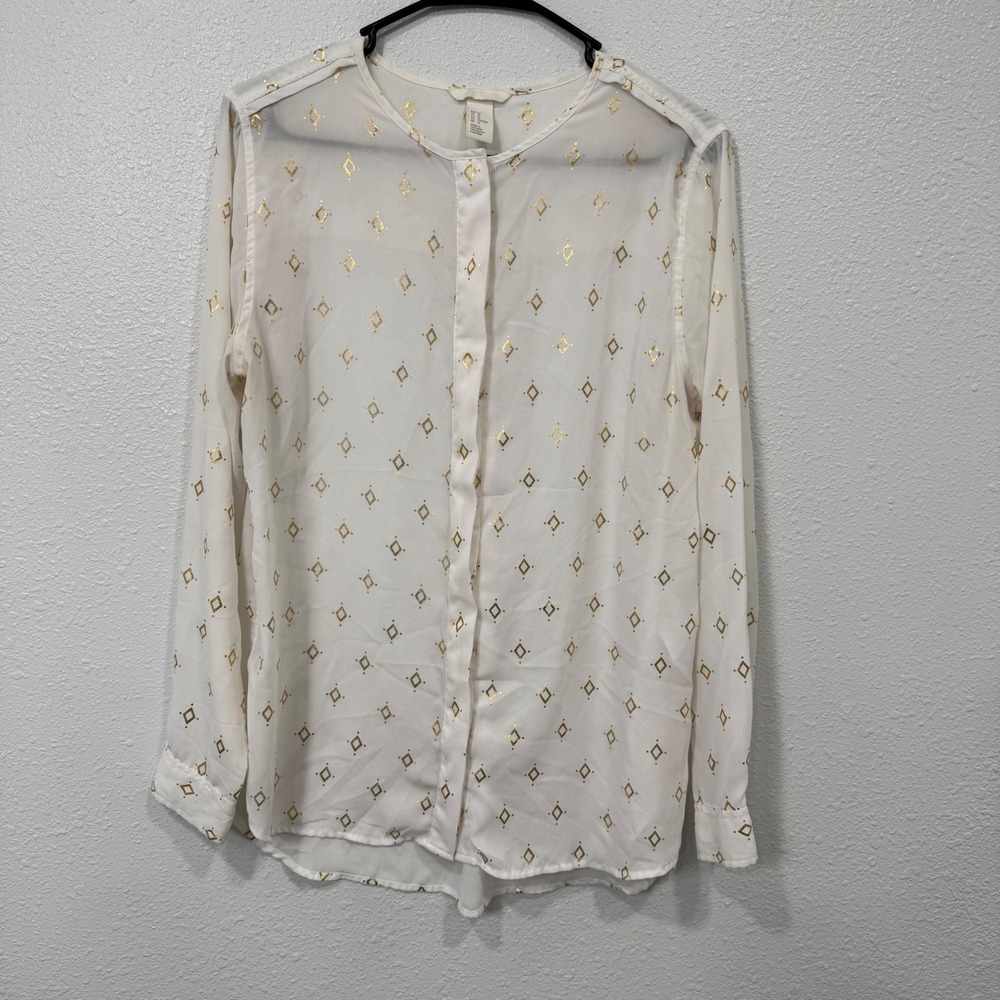 H M White Gold Diamond Print Sheer Long Sleeve Button Up Blouse Top US 12